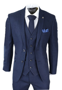 Mens Navy Blue 3 Piece Suit Birdseye Suit Wedding Prom Formal Smart Classic