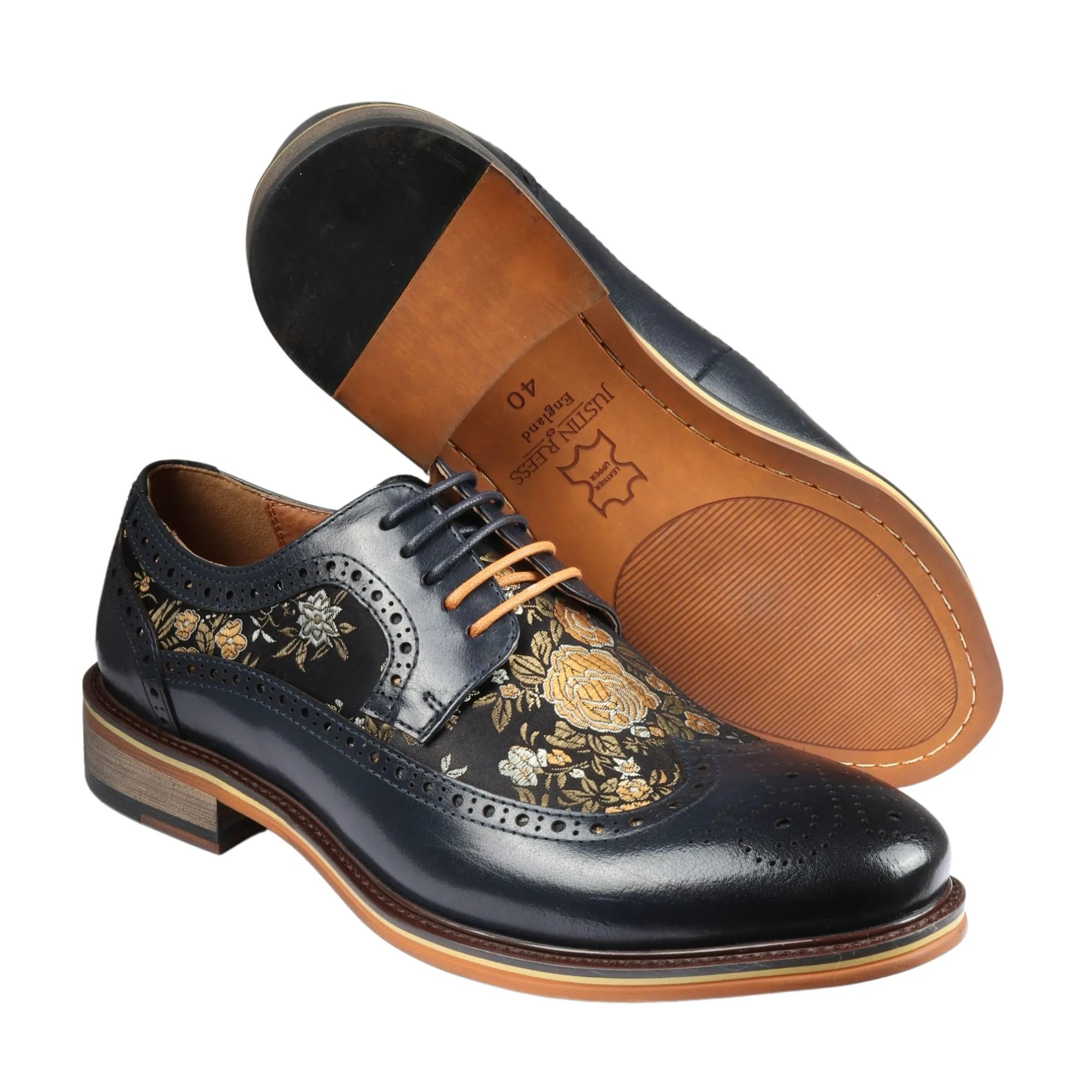 Ross - Men's Floral Print Leather Navy Brogue Shoes