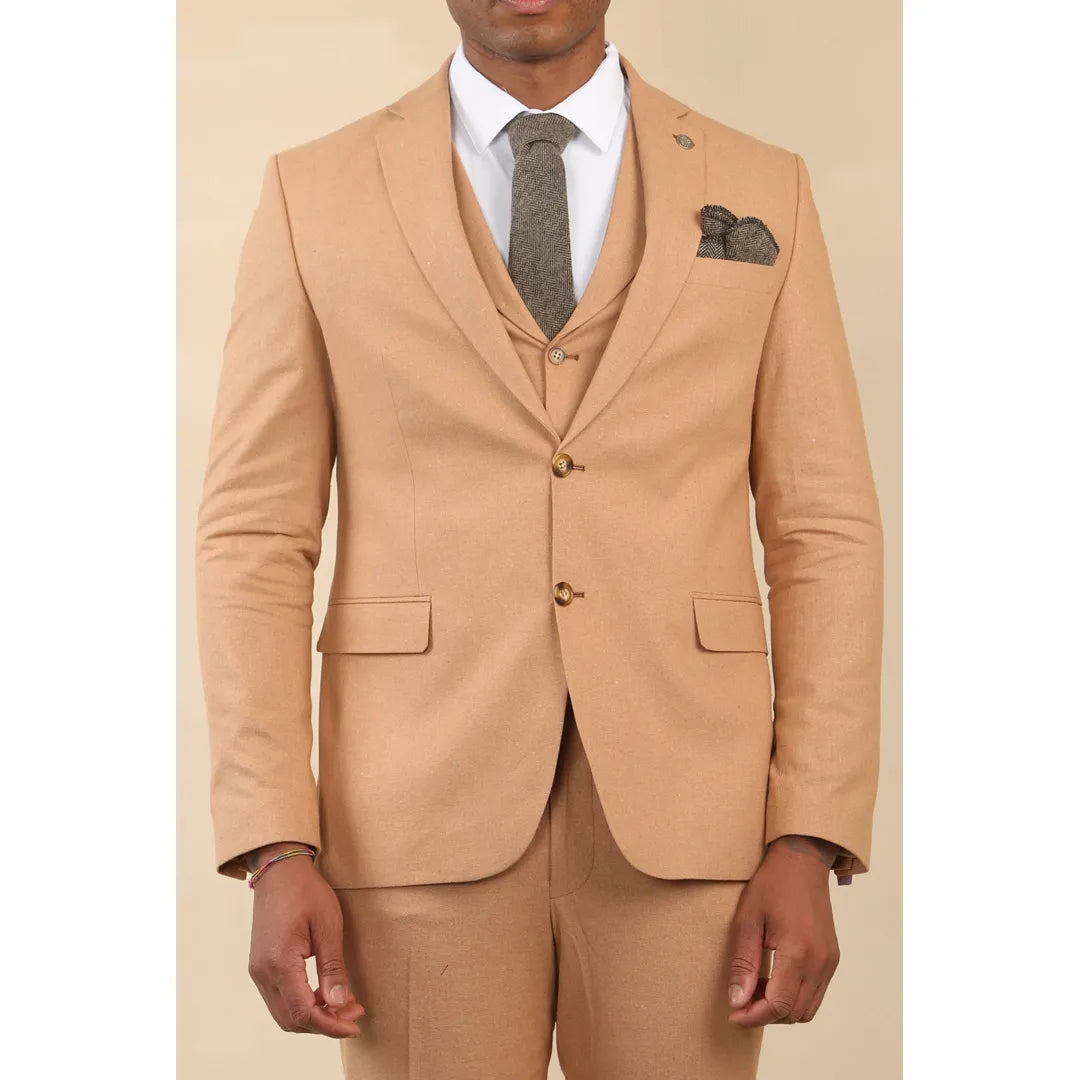 TP-23 - Men's Camel 3 Piece Linen Summer Wedding Suit