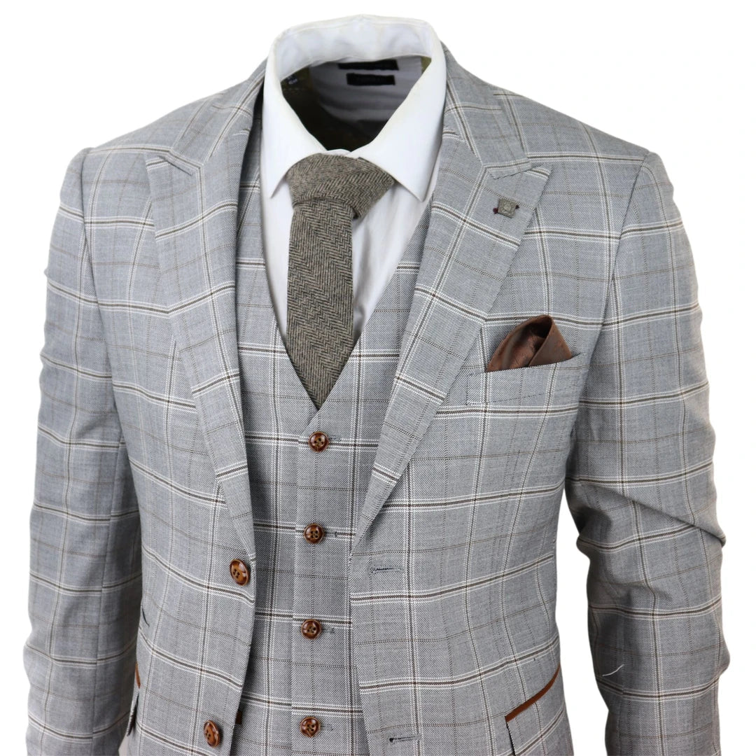 Francis Men's Grey 3-Piece Wedding Suit with Tan Brown Check and Velvet Trim