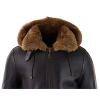 Men's Brown Leather Sherling Sheepskin Hood Jacket Aviator Flying Pilot