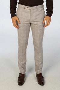 Leo - Men's Beige 3 Piece Checked Tailored Fit Suit