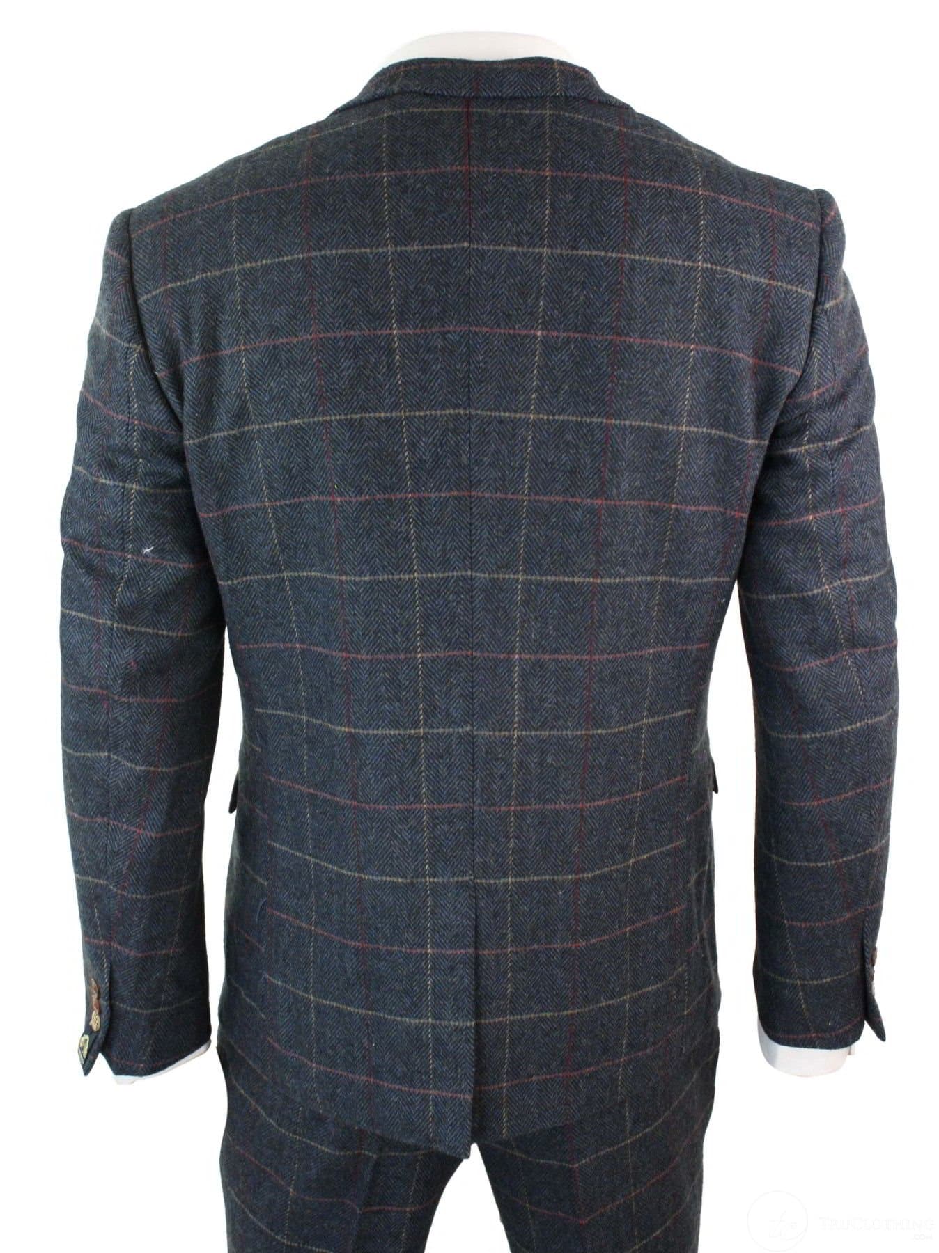 Mens Navy Blue Wine Check Herringbone Tweed Vintage 3 Piece New Marc Darcy Suit
