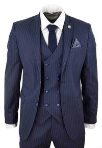 Mens 3 Piece Pinstripe Navy-Blue Suit