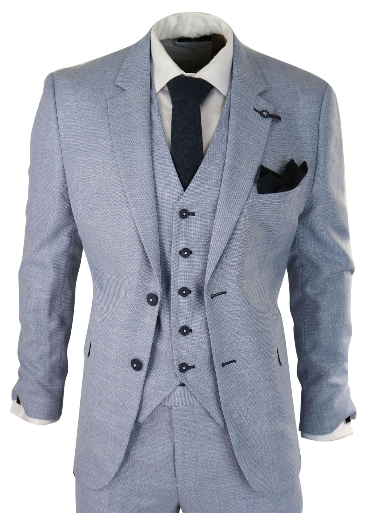 Mens 3 Piece Suit Light Blue Summer Linen Tailored Fit Wedding Prom Classic