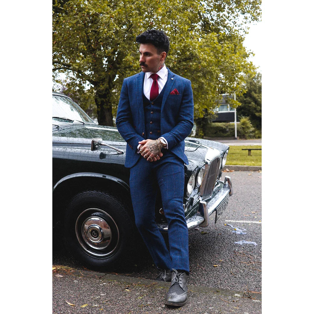 Scott Men's Blue 3-Piece Tweed Check Suit