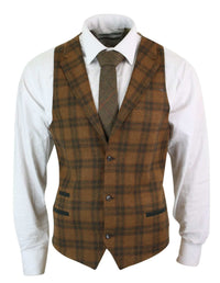 Mens Waistcoat Wool Tan Brown Check Tweed Classic Vintage Tailored Fit