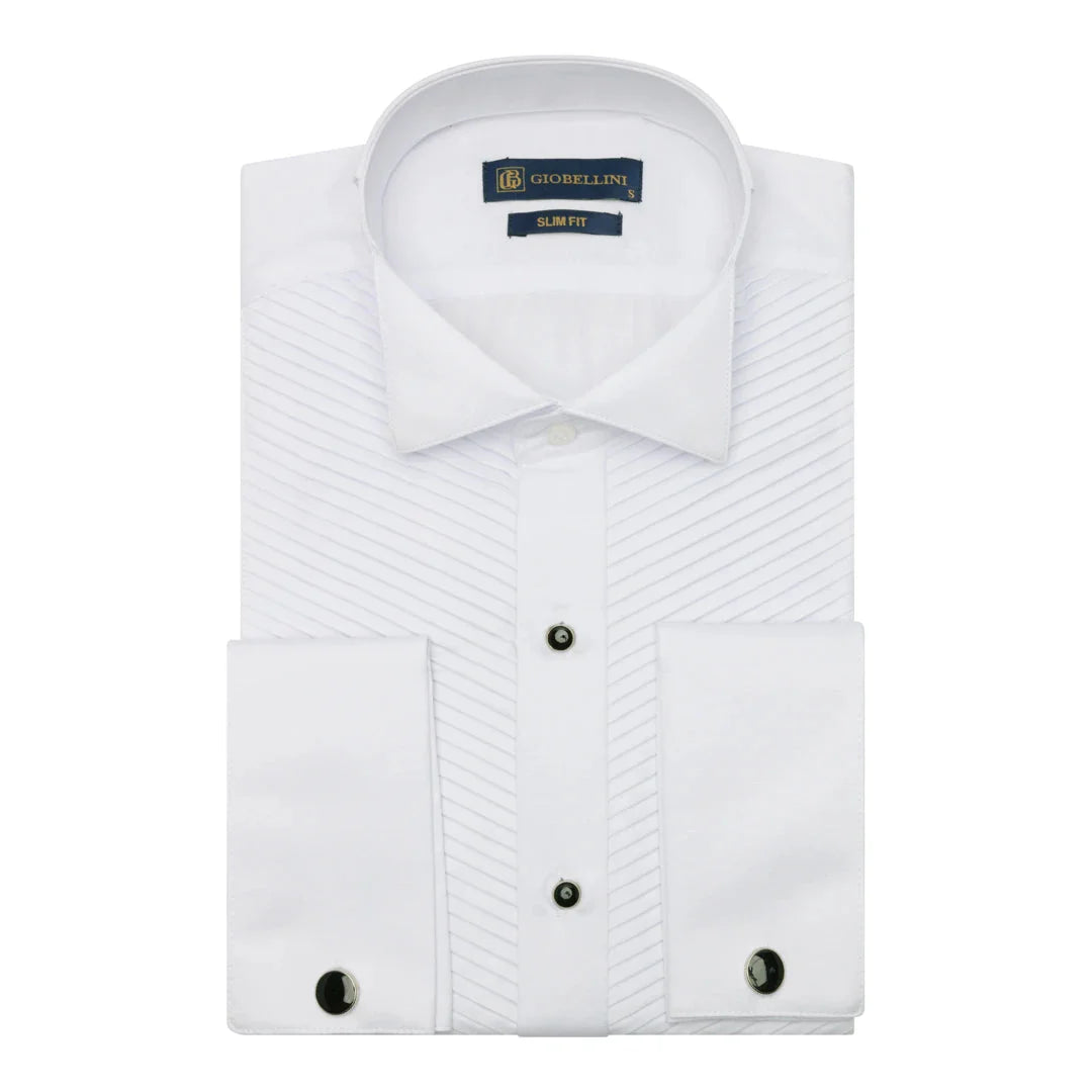 Men's Wing Collar White Shirt Pleated Tuxedo Double Cuff Satin Cotton