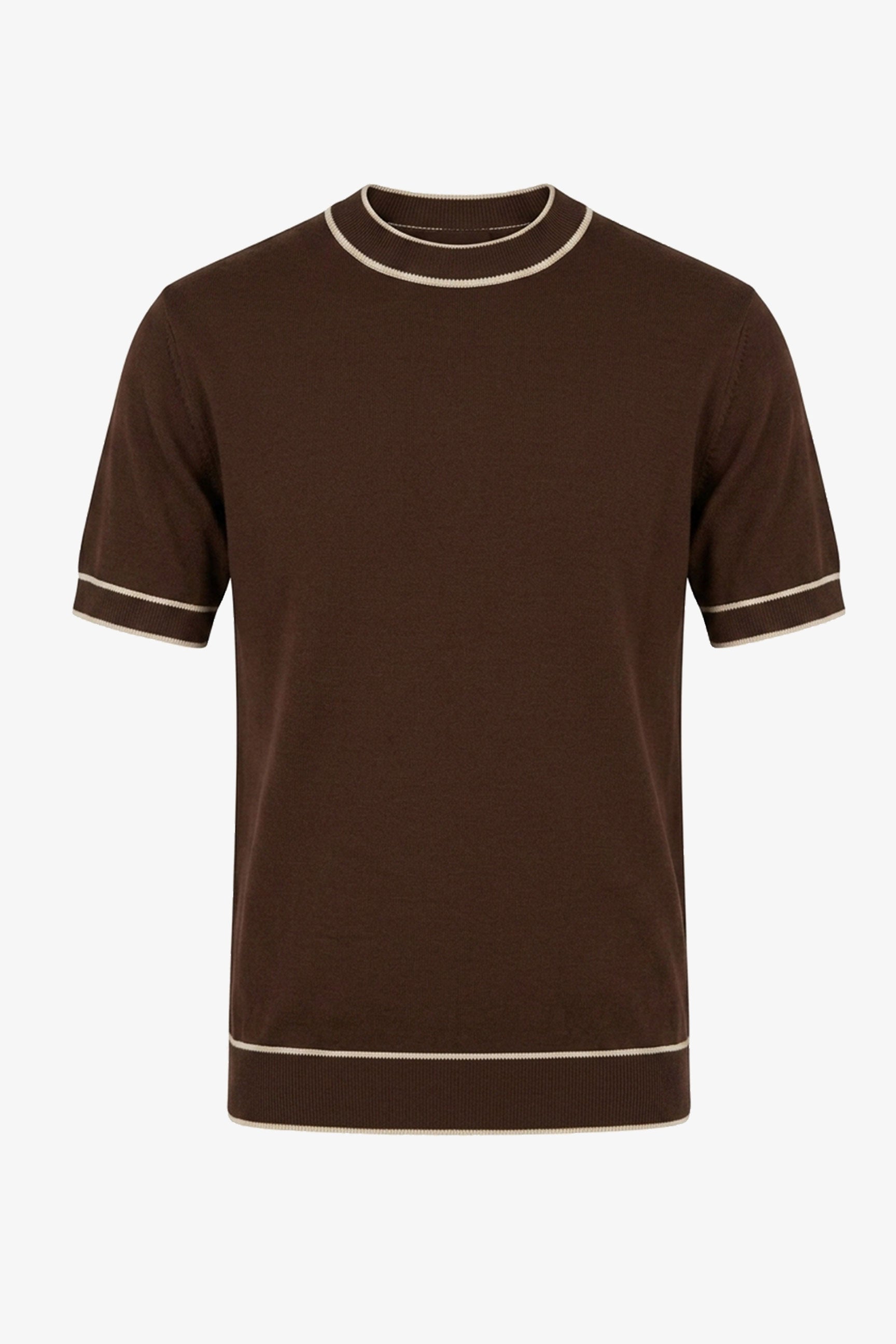 Braunes Herren-Strickshirt, normale Passform, Rundhalsausschnitt mit Kontrastbesatz