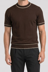 Braunes Herren-Strickshirt, normale Passform, Rundhalsausschnitt mit Kontrastbesatz