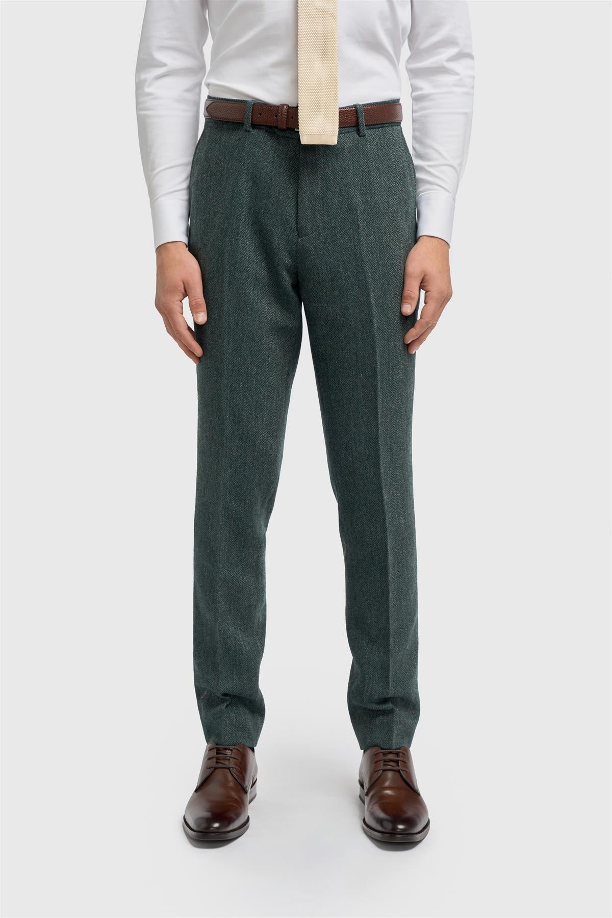 Thomas – Herrenhose aus olivgrünem Wollmischgewebe mit Fischgrätmuster