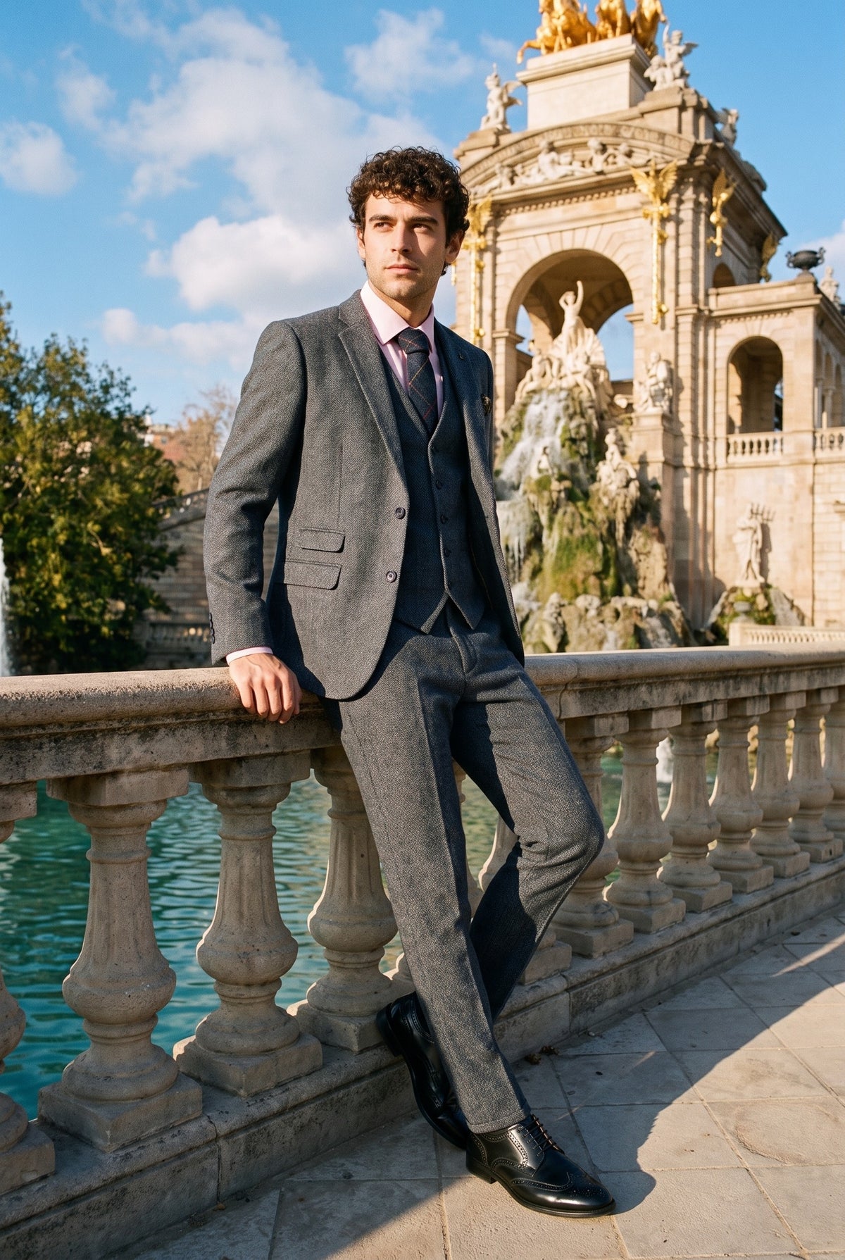 Look #955 styled with Herren Tweed Fischgrät Strukturierte Marc Darcy Krawatten Klassisch Vintage Retro Eton Marineblau