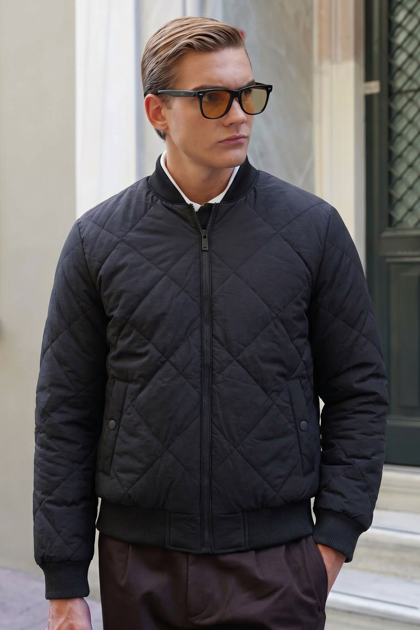 Schwarze und beige, wendbare Bomberjacke für Herren, leichte Steppjacke, 2-in-1