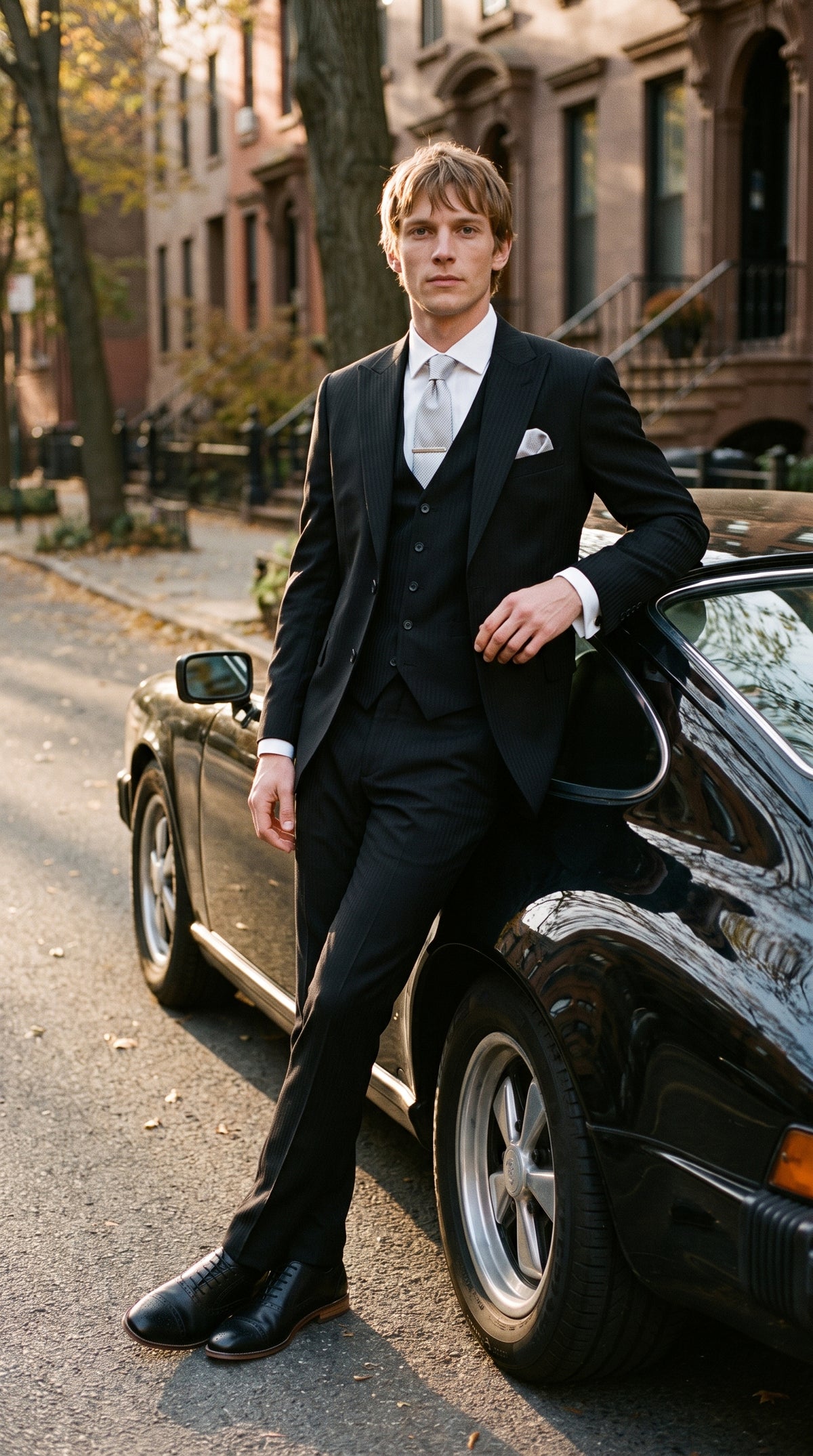 Look #819 styled with Roberto – Schwarzer 3-teiliger Anzug aus Wollmischung mit Schattenstreifen für Herren