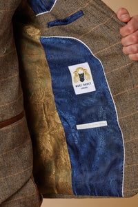 Herrenanzug, 3-teilig, Fischgrätenmuster, Tweed, hellbraun, kariert, maßgeschneiderte Passform, doppelt klassisch