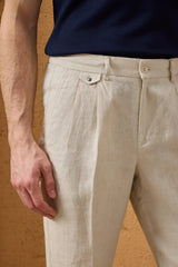 Beige Herrenhose aus 100 % Leinen mit Bundfalten und Kordelzug, bequeme, gerade Passform