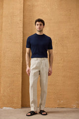 Beige Herrenhose aus 100 % Leinen mit Bundfalten und Kordelzug, bequeme, gerade Passform