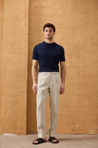 Beige Herrenhose aus 100 % Leinen mit Bundfalten und Kordelzug, bequeme, gerade Passform