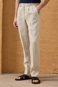 Beige Herrenhose aus 100 % Leinen mit Bundfalten und Kordelzug, bequeme, gerade Passform