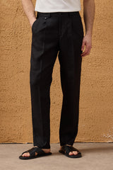 Schwarzer Leinenanzug für Herren, elegant-lässig, zweiteilig, mit Reißverschluss vorne, Safari-Stil, Sommer