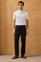 Schwarze Herrenhose aus 100 % Leinen mit Bundfalten und Kordelzug, bequeme, gerade Passform