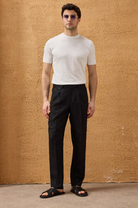 Schwarze Herrenhose aus 100 % Leinen mit Bundfalten und Kordelzug, bequeme, gerade Passform