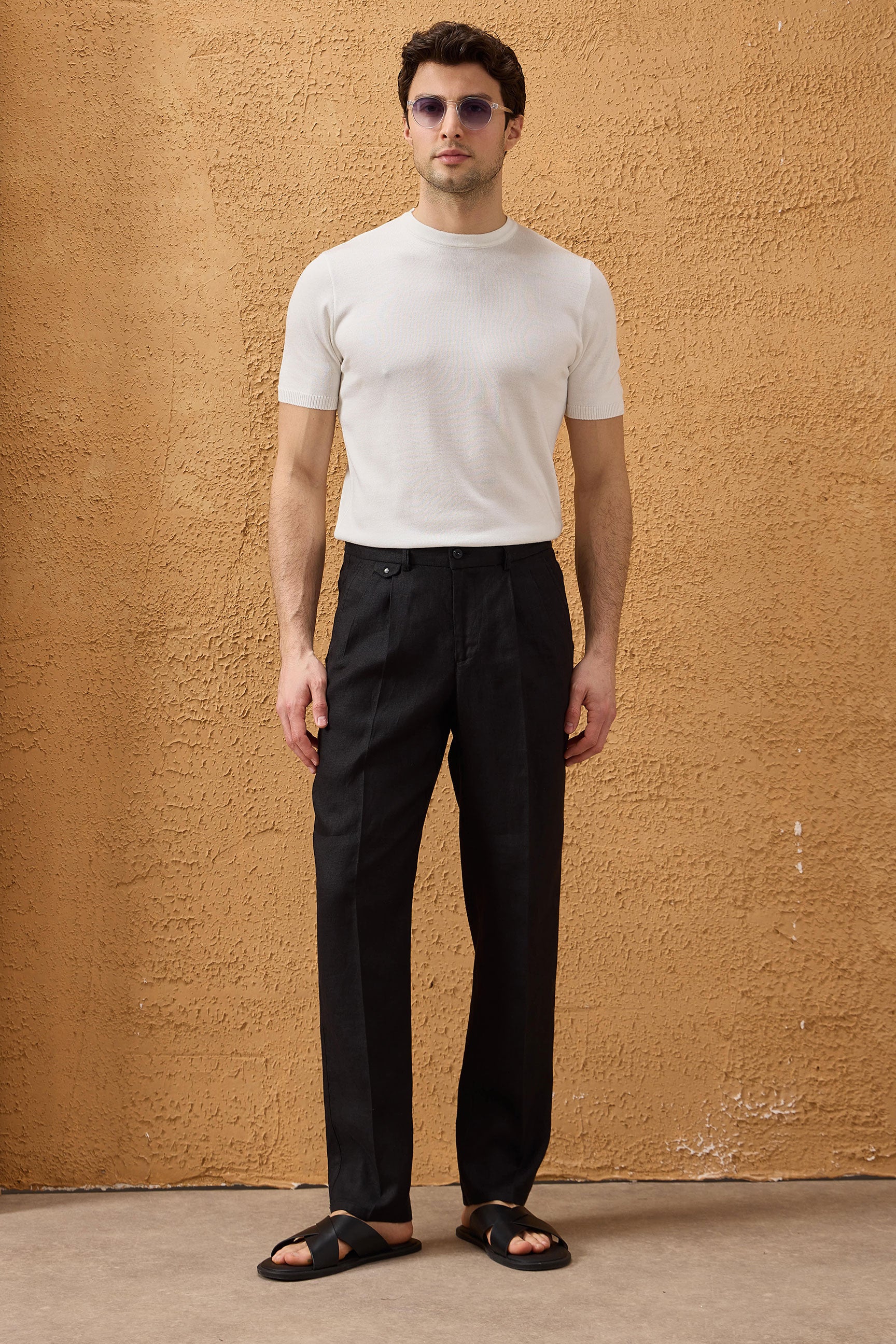 Schwarzer Leinenanzug für Herren, elegant-lässig, zweiteilig, mit Reißverschluss vorne, Safari-Stil, Sommer