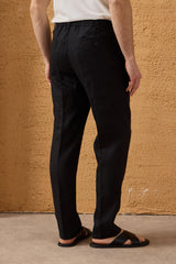 Schwarzer Leinenanzug für Herren, elegant-lässig, zweiteilig, mit Reißverschluss vorne, Safari-Stil, Sommer