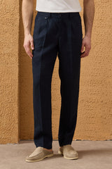 Herren-Hose aus 100 % Leinen in Marineblau mit Bundfalten und Kordelzug, bequeme, gerade Passform