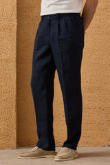 Herren-Leinenanzug in Marineblau, elegant-lässig, 2-teilig, mit Reißverschluss vorne, Safari-Stil, Sommer