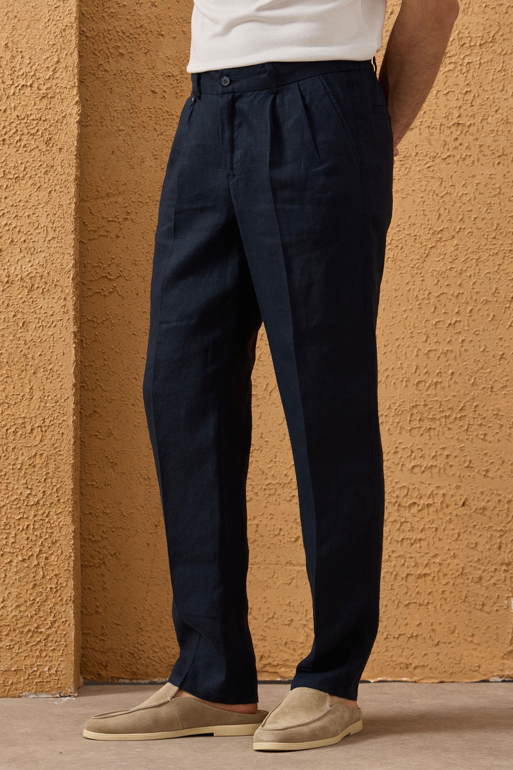 Herren-Leinenanzug in Marineblau, elegant-lässig, 2-teilig, mit Reißverschluss vorne, Safari-Stil, Sommer
