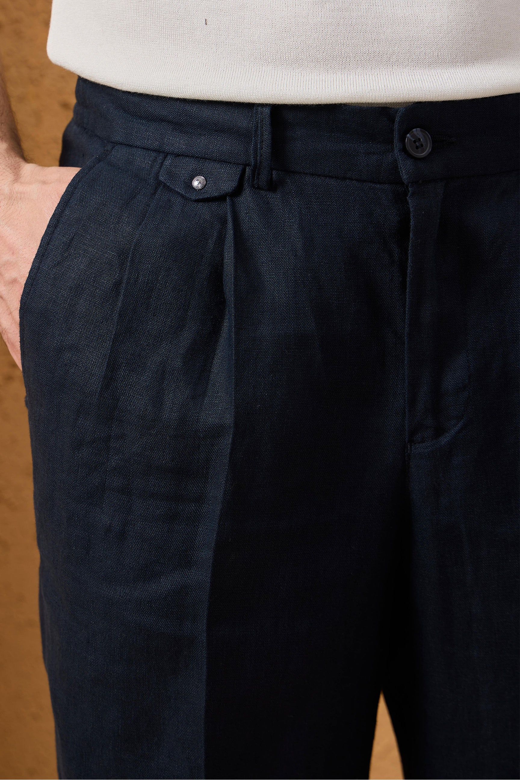 Herren-Leinenanzug in Marineblau, elegant-lässig, 2-teilig, mit Reißverschluss vorne, Safari-Stil, Sommer