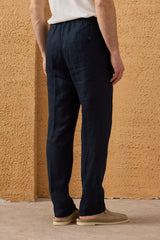 Herren-Hose aus 100 % Leinen in Marineblau mit Bundfalten und Kordelzug, bequeme, gerade Passform