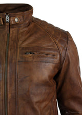 Real Leather Retro Style Zipped Mens Biker Jacket Soft Timber Vintage Look