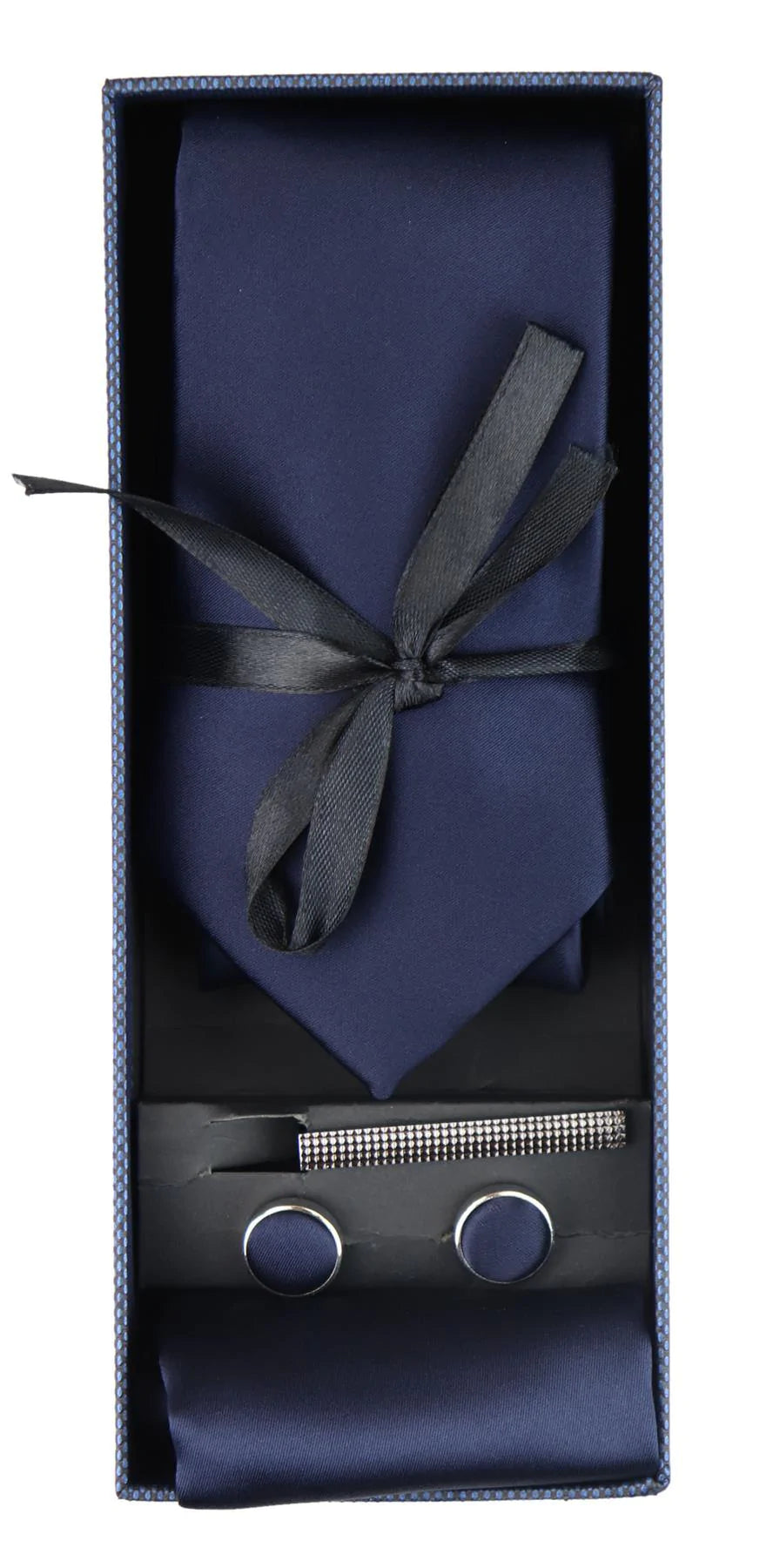 Satin Silk Navy Tie Gift Set Pocket Square Cuff Links Tie Shiny Satin