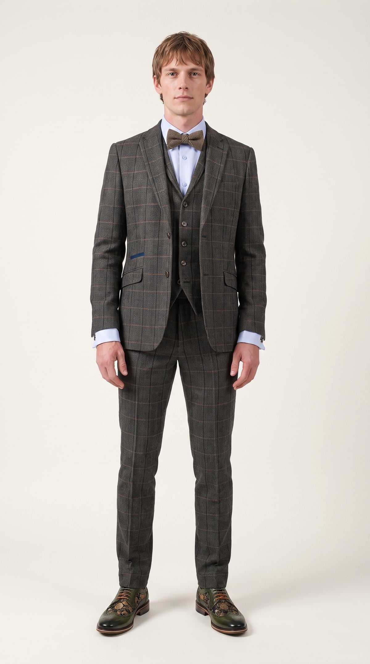 Look #330 styled with Cavani Albert – 3-teiliger Tweed-Anzug mit Fischgrätenmuster und Karomuster für Herren – Anthrazit