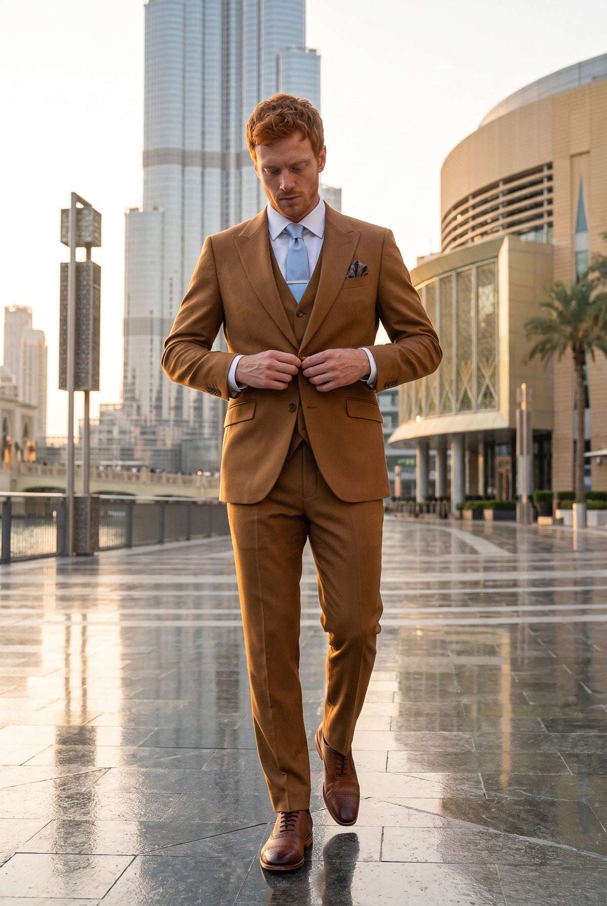 Look #952 styled with James – 3-teiliger Anzug aus Wolle in Kamelbraun mit maßgeschneiderter Passform für Herren