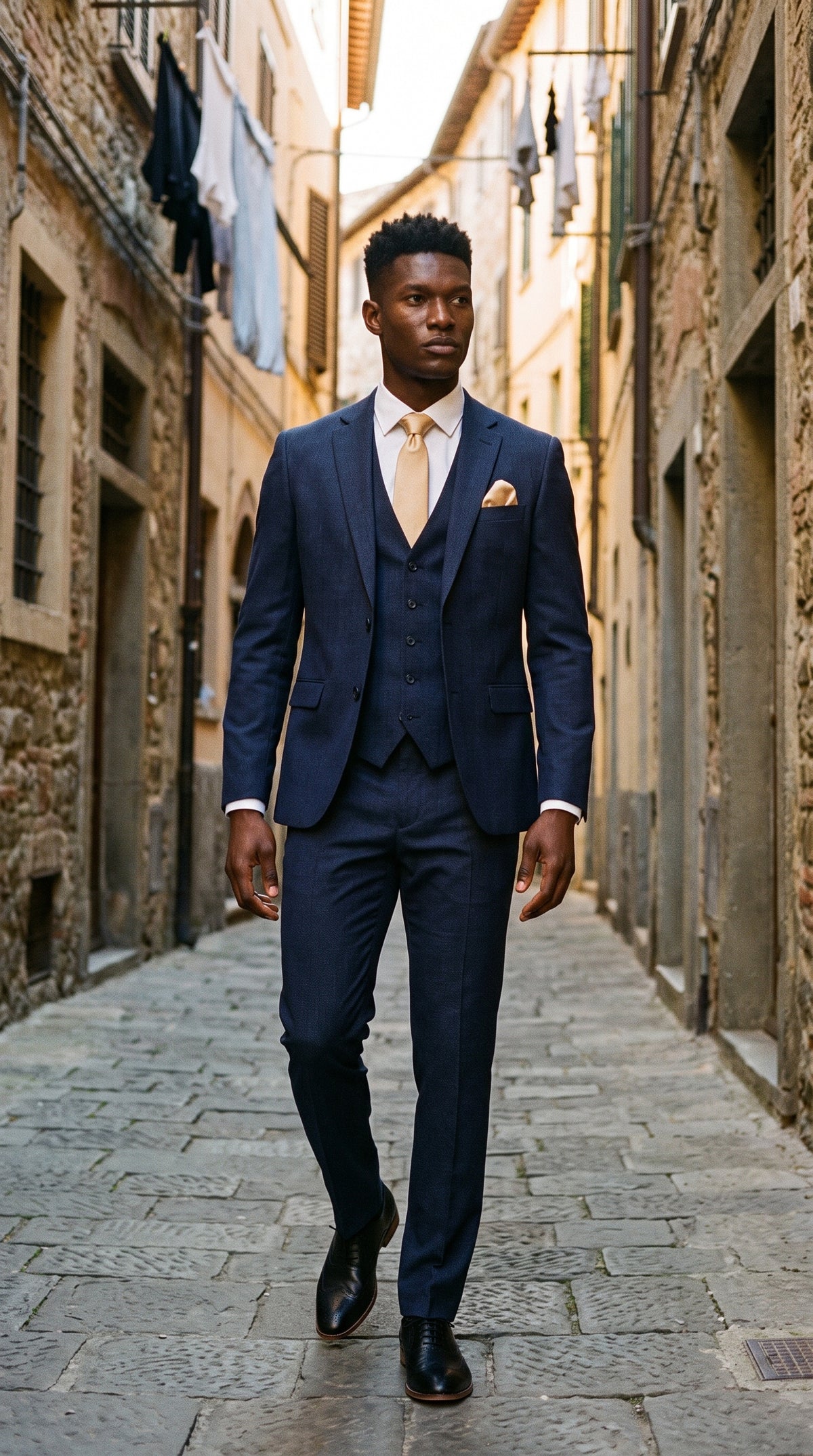 Look #821 styled with Malibu – 3-teiliger Anzug in maßgeschneiderter Passform für Herren, Marineblau