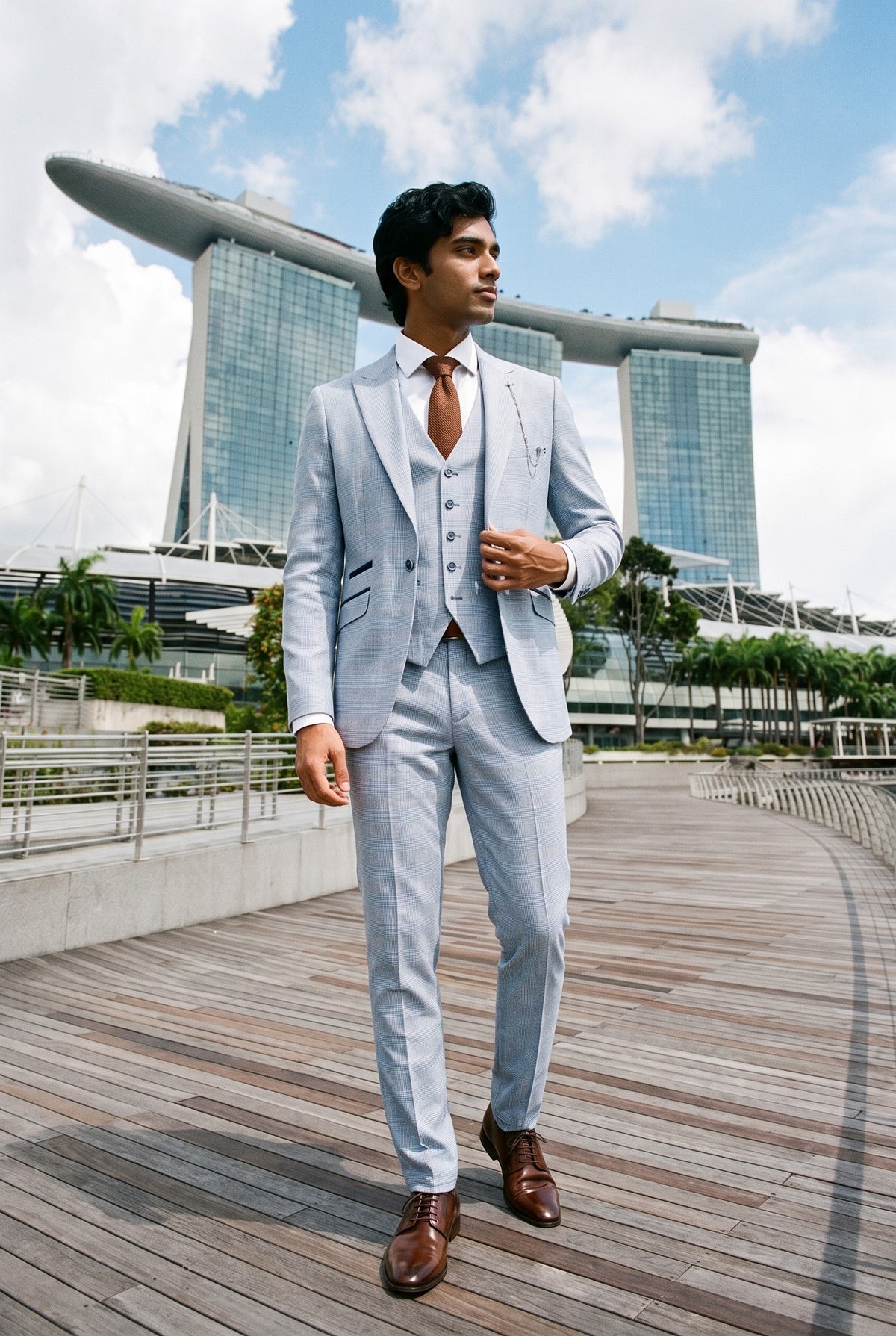 Look #1007 styled with Herrenanzug 3-teilig kariert Tweed Hellblau Tailored Fit Hochzeit Peaky Classic