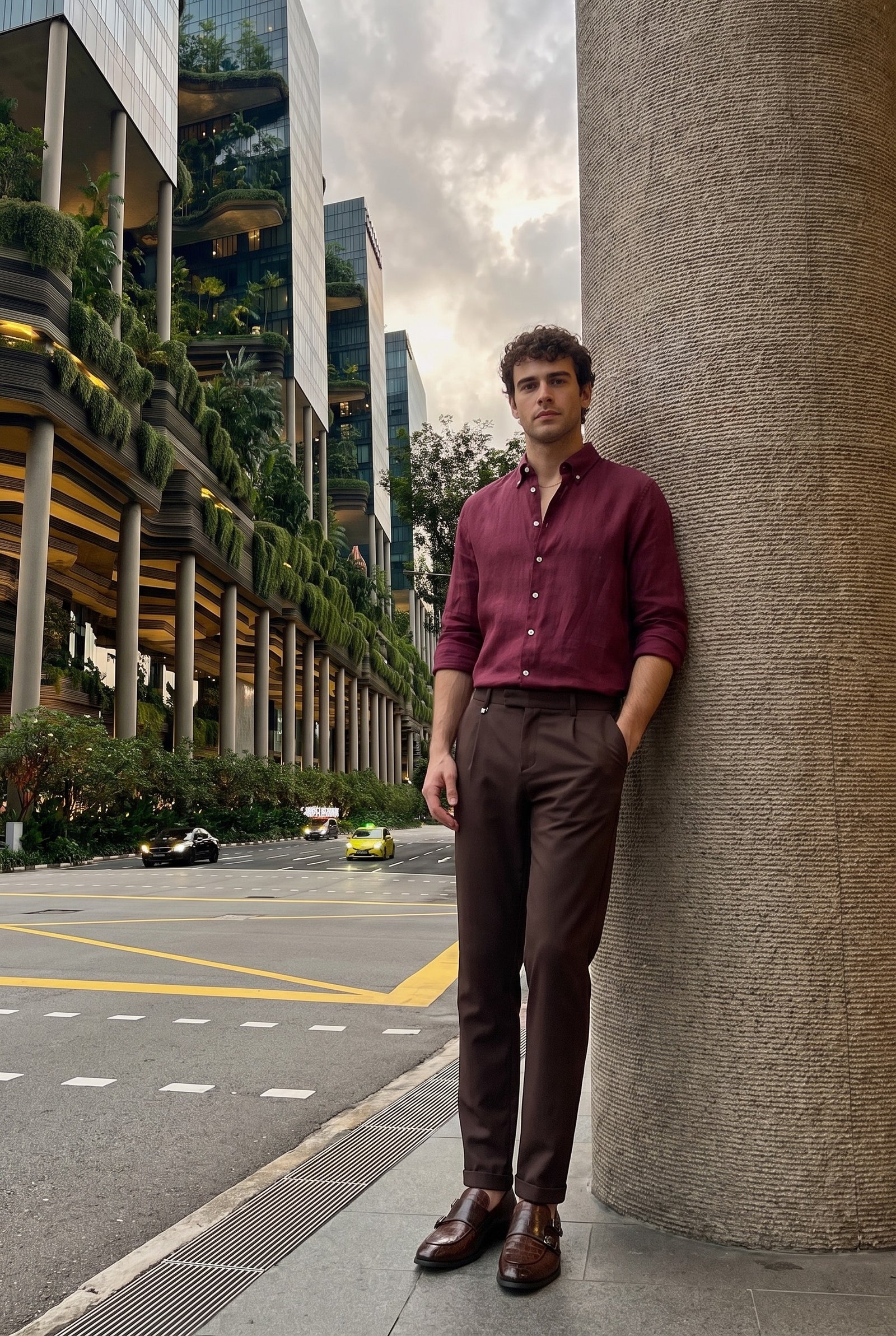 Look #894 styled with Braune Herren-Gurkha-Hose mit Bundfalten, verstellbarer Bund, taillierte, schmal zulaufende Passform