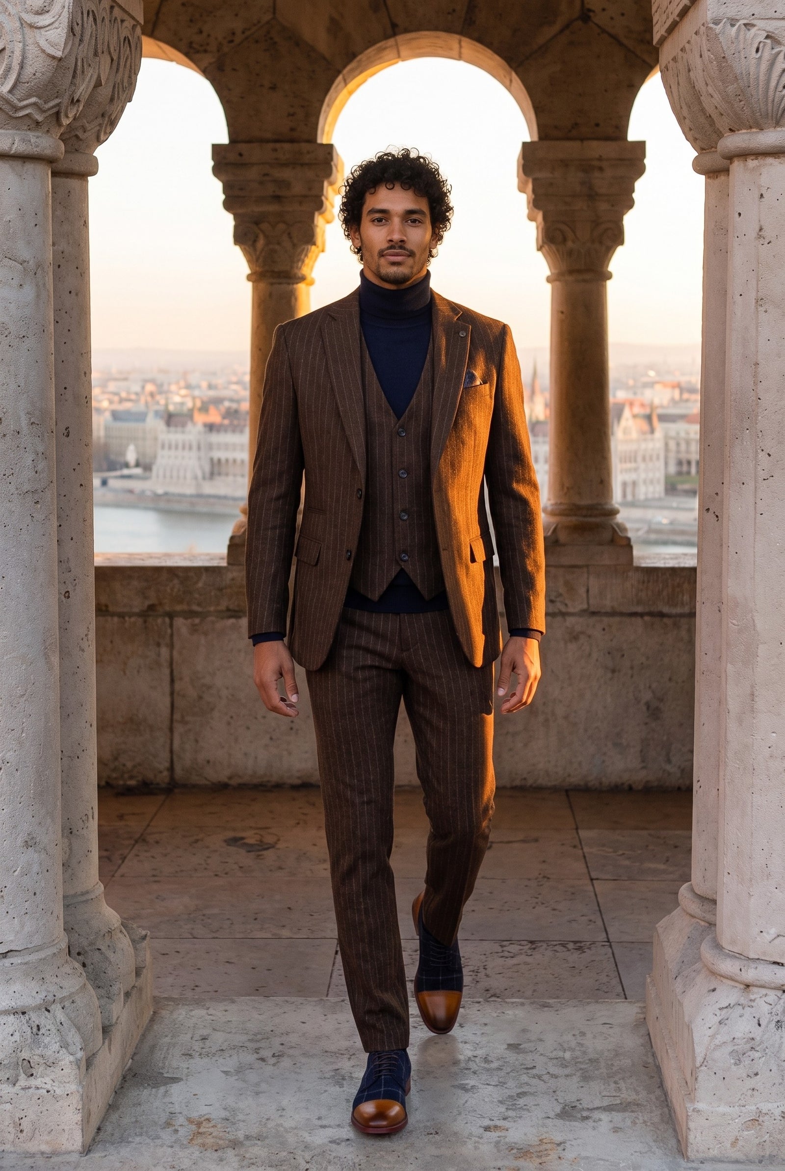 Look #959 styled with Brauner Nadelstreifenanzug für Herren, schmal geschnitten, 3-teilig