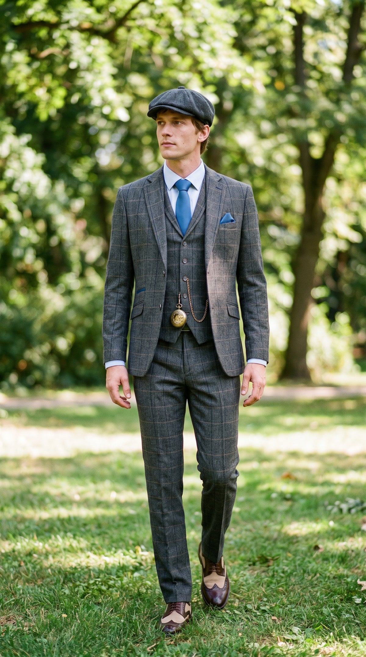 Look #132 styled with Cavani Albert – 3-teiliger Tweed-Anzug mit Fischgrätenmuster und Karomuster für Herren – Anthrazit