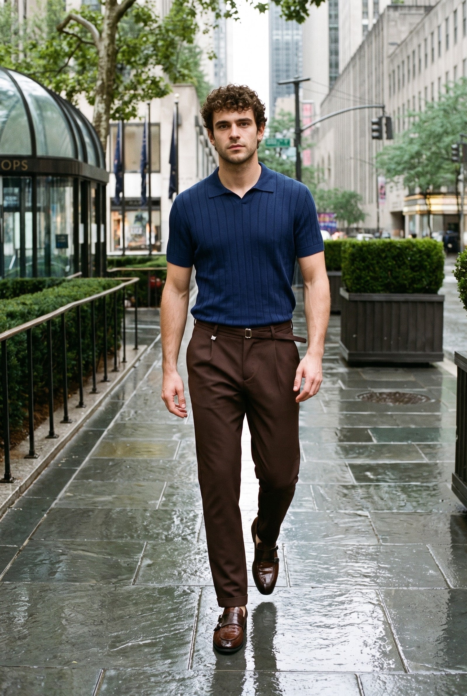 Look #907 styled with Herren-Poloshirt aus marineblauem Rippstrick