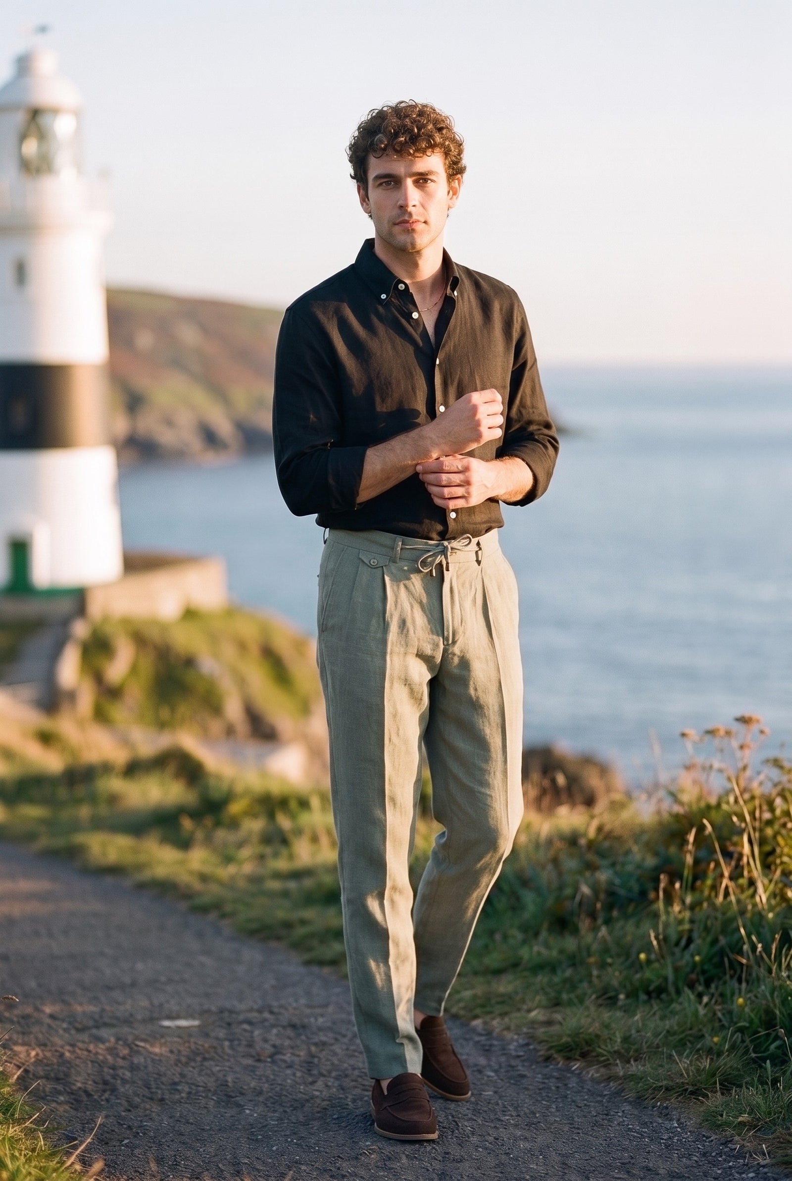 Look #869 styled with Schwarzes Herrenhemd aus reinem Leinen, langärmelig, mit Knopfleiste, Sommerhemd