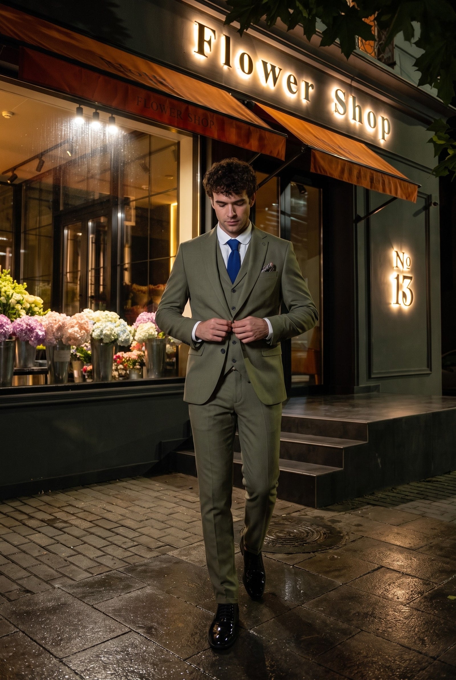 Look #158 styled with TP-22 Salbeigrüner 3-teiliger Sommerhochzeitsanzug aus Leinen für Herren
