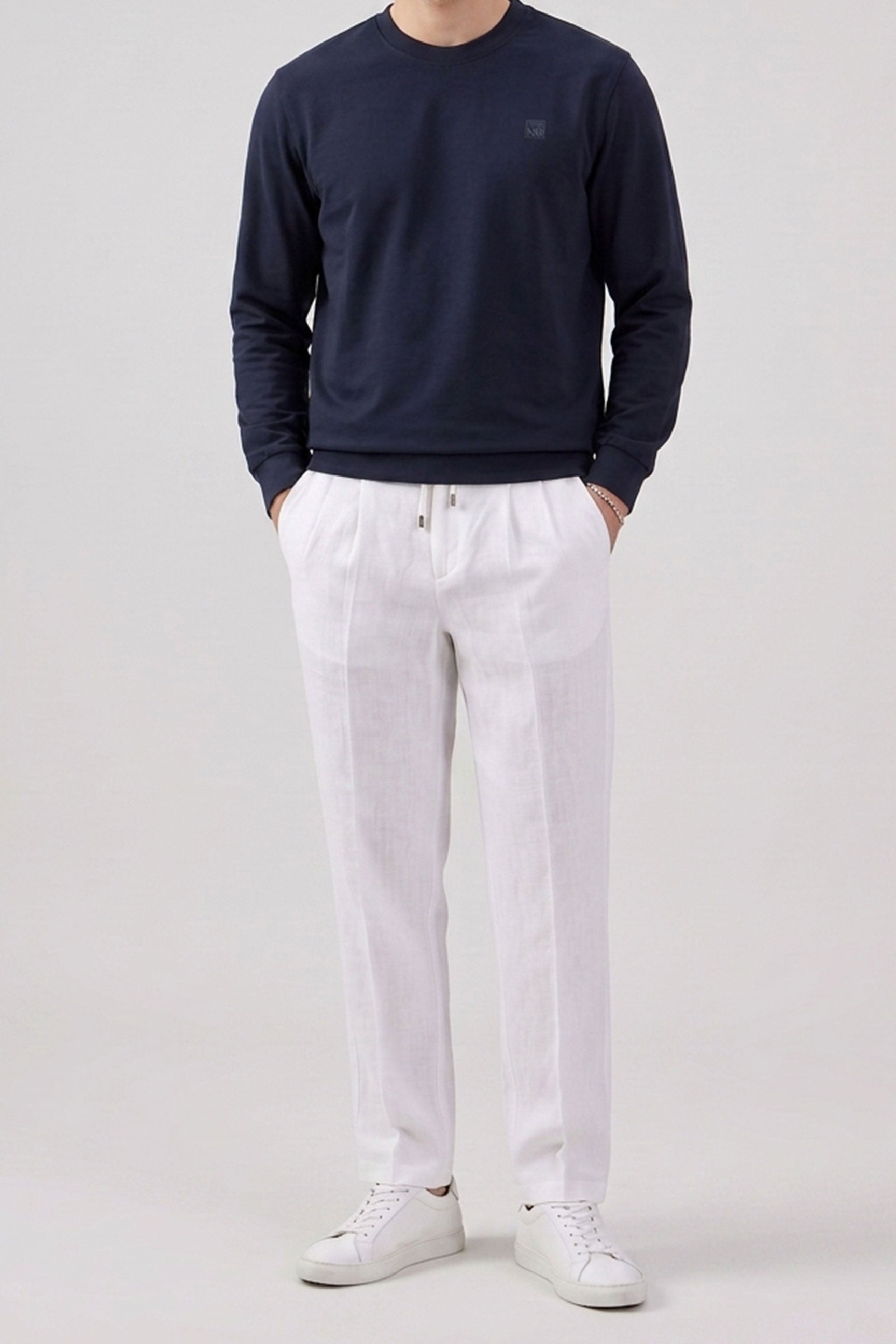Herren-Sweatshirt mit Rundhalsausschnitt, langen Ärmeln und Stretchanteil aus Baumwollmischgewebe in Marineblau