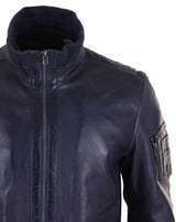 Real Leather Autumn Jacket with High Neck for Mens - Navy Color