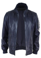 Real Leather Autumn Jacket with High Neck for Mens - Navy Color