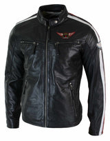Real Leather Black Racing Mens Biker Jacket Zipped Short Red White Stripes Badge