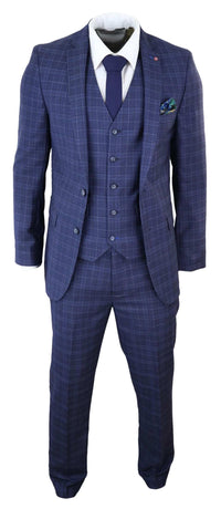 Mens Navy Blue Check 3 Piece Slim Fit Suit